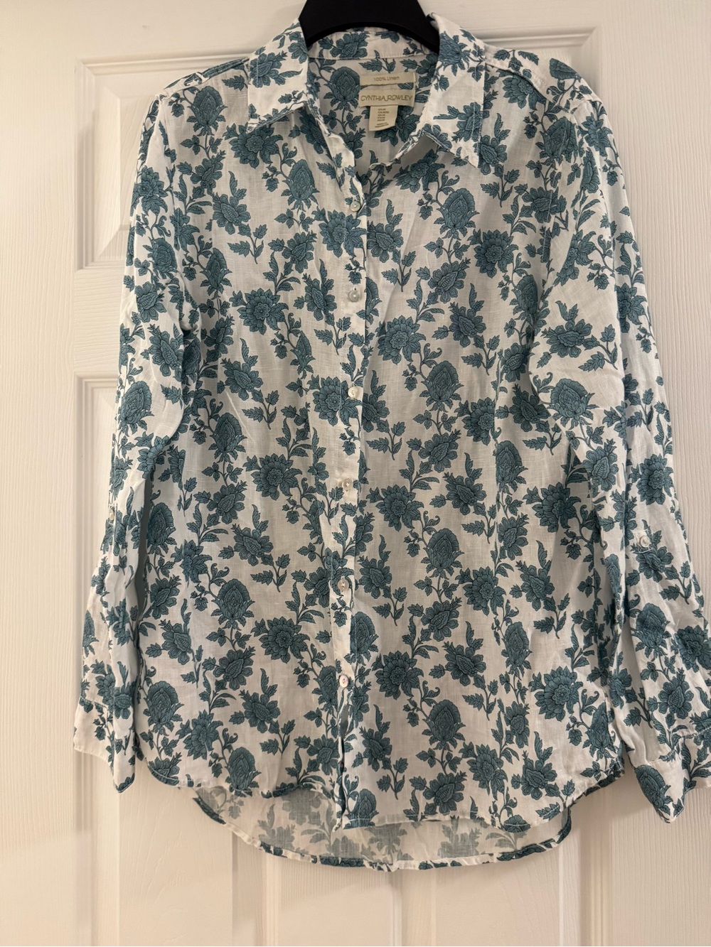 100% Linen Cynthia Rowley Floral White and Teal Button Up Size Medium